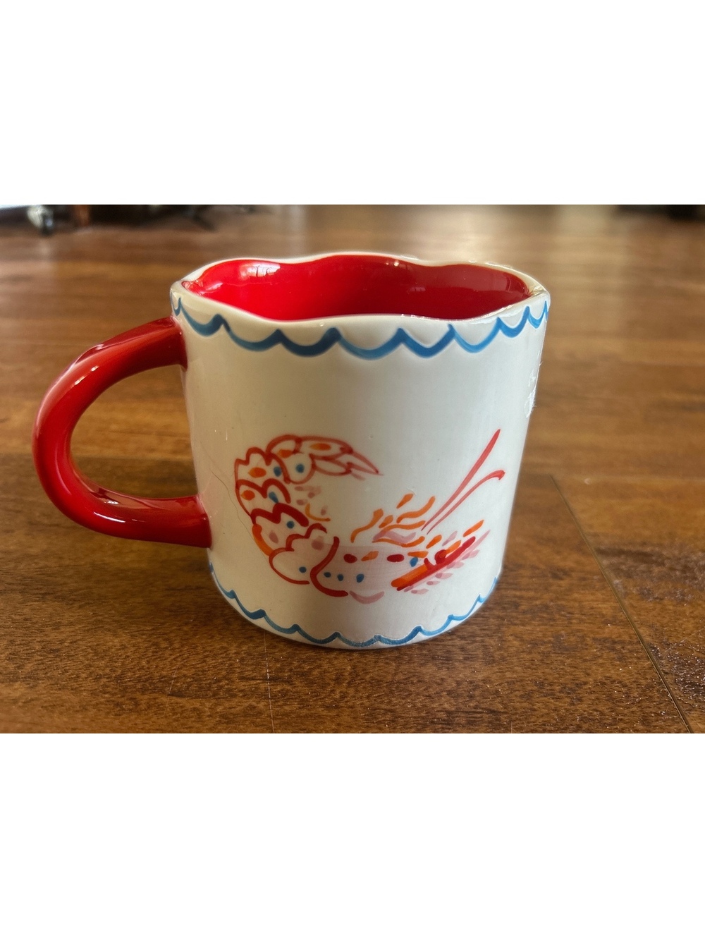 Tag Ceramic Mug with Red Interior and Shrimp Design